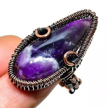 Ювелирное кольцо ручной работы с шалфейным аметистом и медной проволокой, размер 9,5