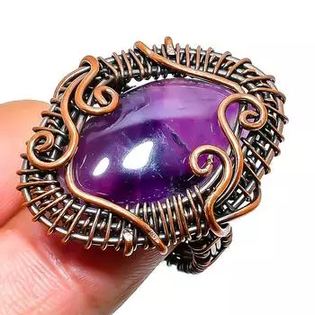 Ювелирное кольцо ручной работы с шалфейным аметистом и медной проволокой, размер 5,5