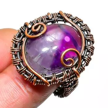 Ювелирное кольцо ручной работы с шалфейным аметистом и медной проволокой, размер 6,5