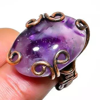 Ювелирное кольцо ручной работы с шалфейным аметистом и медной проволокой, размер 4,5