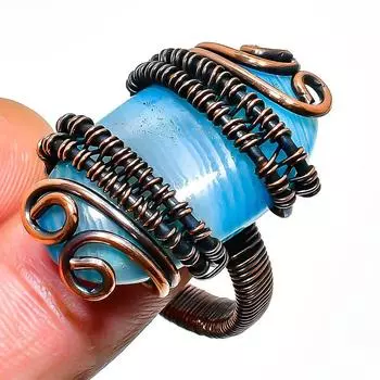 Ювелирное кольцо ручной работы с синим кружевным агатом и медной проволокой, размер 9,5