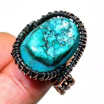 Ювелирное кольцо ручной работы с тибетским бирюзовым драгоценным камнем из медной проволоки, размер 8,5