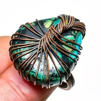 Ювелирное кольцо ручной работы с тибетским бирюзовым драгоценным камнем из медной проволоки, размер 7