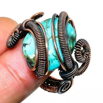 Ювелирное кольцо ручной работы с тибетским бирюзовым драгоценным камнем из медной проволоки, размер 7