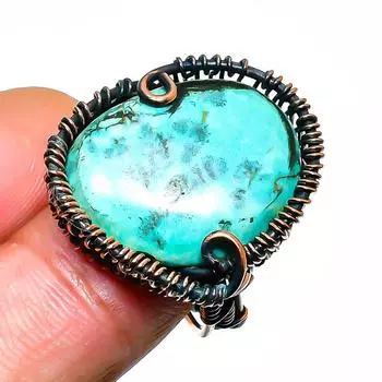 Ювелирное кольцо ручной работы с тибетским бирюзовым драгоценным камнем из медной проволоки, размер 7,5