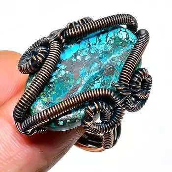 Ювелирное кольцо ручной работы с тибетским бирюзовым драгоценным камнем из медной проволоки, размер 7,5