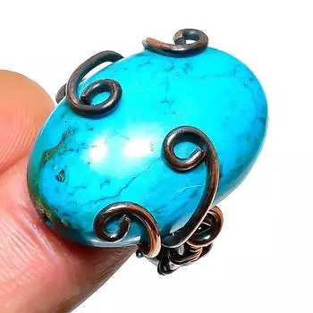 Ювелирное кольцо ручной работы с тибетским бирюзовым драгоценным камнем из медной проволоки, размер 7,5