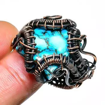 Ювелирное кольцо ручной работы с тибетской бирюзой и драгоценным камнем из медной проволоки, размер 11