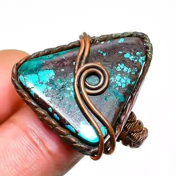 Ювелирное кольцо ручной работы с тибетской бирюзой и драгоценным камнем из медной проволоки, размер 10