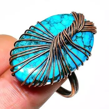 Ювелирное кольцо ручной работы с тибетской бирюзой и драгоценным камнем из медной проволоки, размер 10