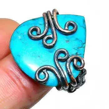 Ювелирное кольцо ручной работы с тибетской бирюзой и медной проволокой, размер 6