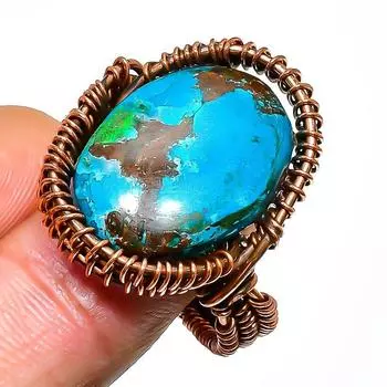 Ювелирное кольцо ручной работы с тибетской бирюзой и драгоценным камнем из медной проволоки, размер 10