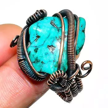 Ювелирное кольцо ручной работы с тибетской бирюзой и медной проволокой, размер 9,5