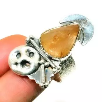 Ювелирное кольцо ручной работы с золотым рутилом 925 пробы, посеребренное, размер 7