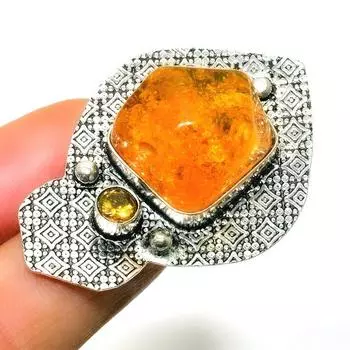 Ювелирное кольцо с Балтийским янтарем и цитрином, посеребренное 925 пробы, размер 6,5