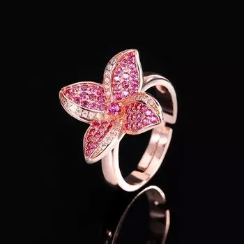 Ювелирное кольцо с цирконием, кольцо-лепесток, регулируемое, розовое, бриллиантовое, живое, легкое, роскошное, модное, кольцо на указательный палец