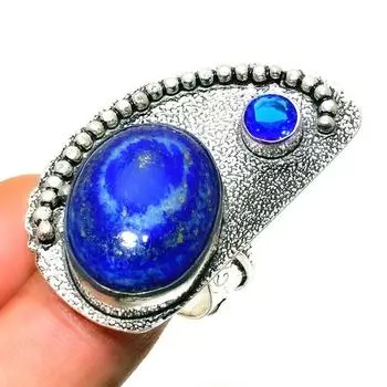 Ювелирное кольцо с голубым топазом и лазуритом 925 пробы, посеребренное, размер 7,5
