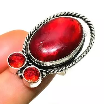 Ювелирное кольцо с красным лабрадоритом и гранатом 925 пробы, посеребренное, размер 7