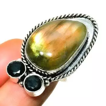 Ювелирное кольцо с лабрадором и черной шпинелью 925 пробы с серебряным покрытием, размер 8