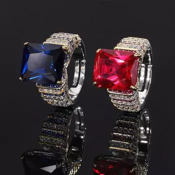 Ювелирное кольцо с позолоченным дном из меди и цирконием, темно-синее кольцо со шпинелью