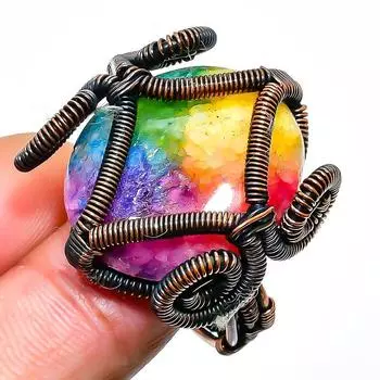 Ювелирное кольцо с радужным солнечным кварцем и медной проволокой, размер 10