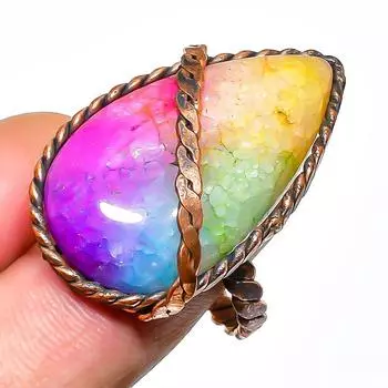 Ювелирное кольцо с радужным солнечным кварцем и медной проволокой, размер 7,5
