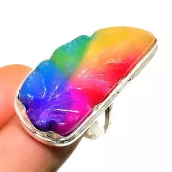 Ювелирное кольцо с радужным солнечным кварцем 925 пробы, посеребренное, размер 6,5