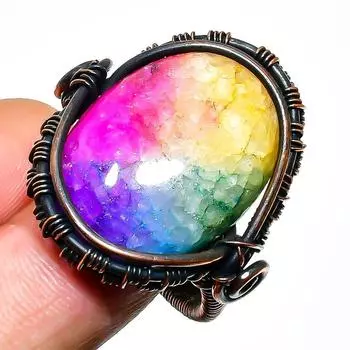 Ювелирное кольцо с радужным солнечным кварцем и медной проволокой, размер 10