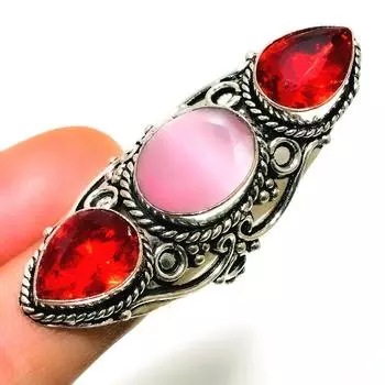 Ювелирное кольцо с розовым халцедоном и гранатом 925 пробы, посеребренное, размер 7,5