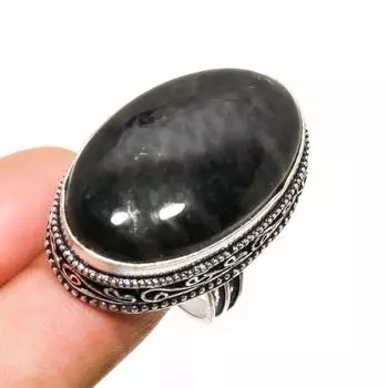 Ювелирное кольцо с серебряным блеском, обсидианом 925 пробы, посеребренное, размер 9