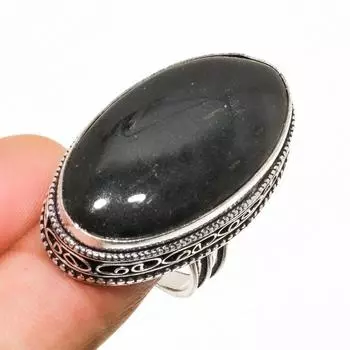 Ювелирное кольцо с серебряным блеском, обсидианом 925 пробы, посеребренное, размер 7,5