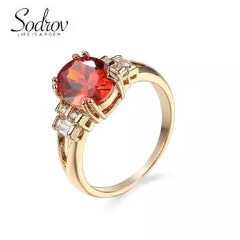 Ювелирное кольцо SODROV с красным цирконом и позолотой 6