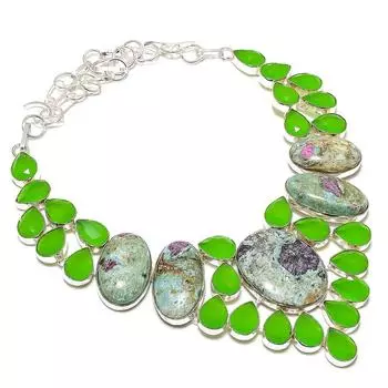 Ювелирное колье из стерлингового серебра 925 пробы с натуральным рубином, фукситом и ониксом, 18 дюймов, A9g78