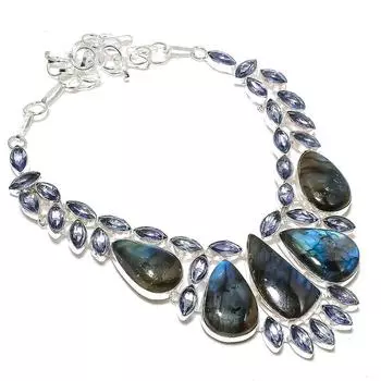 Ювелирное колье из стерлингового серебра 925 пробы с натуральным лабрадором и аметистом 18 дюймов P4i34