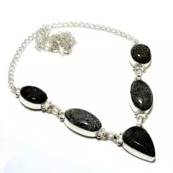 Ювелирное колье ручной работы с драгоценным камнем Стингрей, кораллом 925 пробы, посеребренное, 18 дюймов 18 чёрный