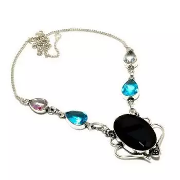 Ювелирное колье с черным ониксом и синим топазом 925 пробы с посеребренным покрытием 18 дюймов 18 чёрный