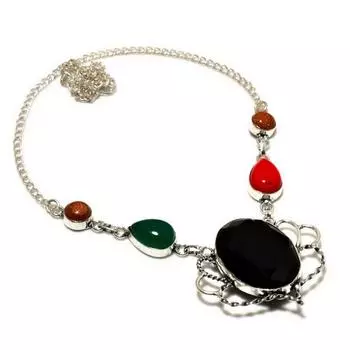 Ювелирное колье с черным шпинелем, зеленым ониксом 925 пробы и посеребренным покрытием, 18 дюймов 18 чёрный