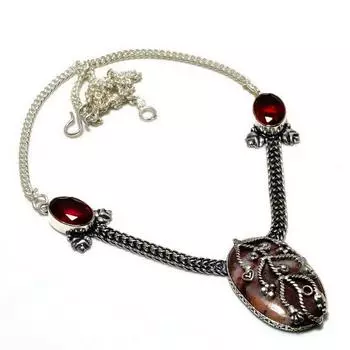 Ювелирное колье с гранатом и яшмой капучино 925 пробы, посеребренное, 18 дюймов 18 коричневый