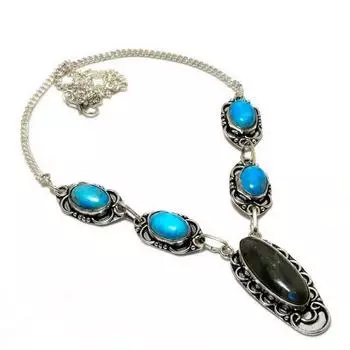 Ювелирное колье с лабрадором и бирюзой 925 пробы, посеребренное, 18 дюймов 18 чёрный