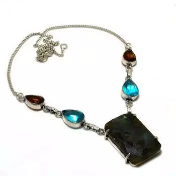 Ювелирное колье с лабрадором и голубым топазом 925 пробы, посеребренное, 18 дюймов 18 чёрный