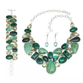 Ювелирное ожерелье и комплект из драгоценных камней хризопраз-малахит 18-20