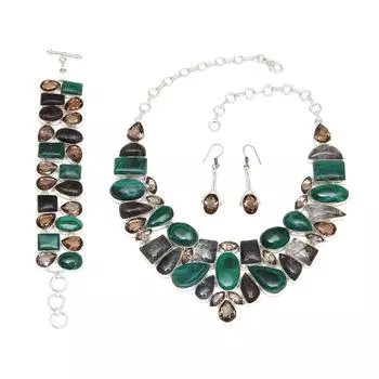 Ювелирное ожерелье и комплект из малахитового дымчатого кварца 18-20