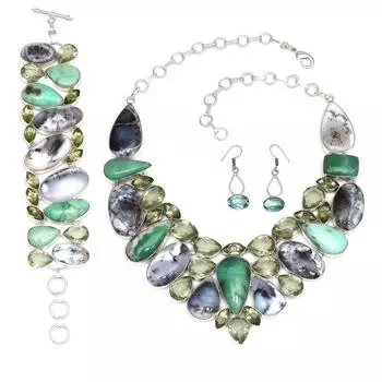 Ювелирное ожерелье и комплект из опалово-хризопразового дендритного опала 18-20
