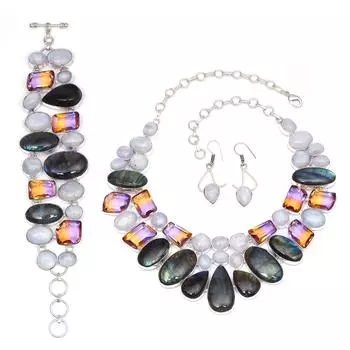 Ювелирное ожерелье и комплект из радужного лунного камня лабродорита 18-20