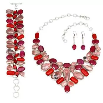 Ювелирное ожерелье и комплект из родохрозита, рубина и сапфира 18-20