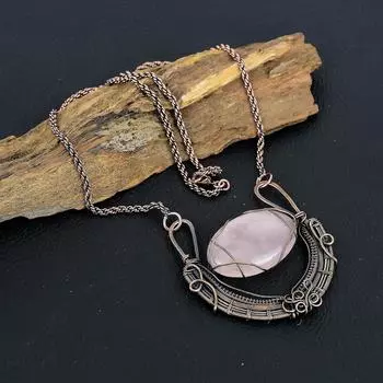 Ювелирное ожерелье из медной проволоки ручной работы из розового кварца с драгоценным камнем для нее 18 Inches With Adjustable розовый