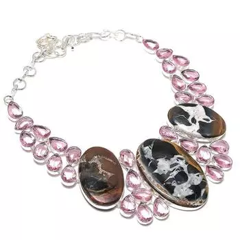 Ювелирное ожерелье из натурального грязевого трещины и кунцита из стерлингового серебра 925 пробы 18 дюймов K1a34