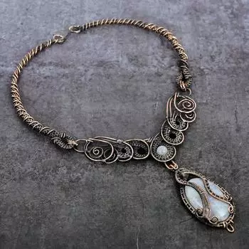 Ювелирное ожерелье из натурального лунного камня ручной работы из медной проволоки 18 дюймов J7e35