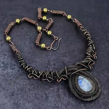 Ювелирное ожерелье из натурального радужного лунного камня с медной проволокой 18 дюймов l2s80