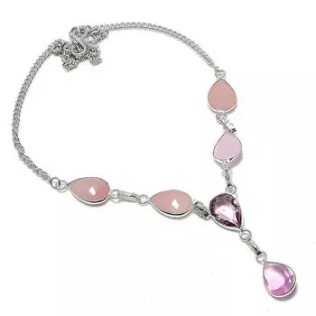 Ювелирное ожерелье из натурального розового кунцита и кварца из стерлингового серебра 925 пробы 18 дюймов P9f73